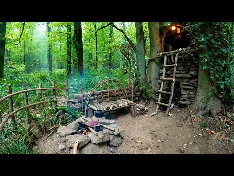 7 Tage SOLO SURVIVAL CAMPING im Regenwald. Bau eines zweistöckigen Unterschlupfs aus Holz und Stein