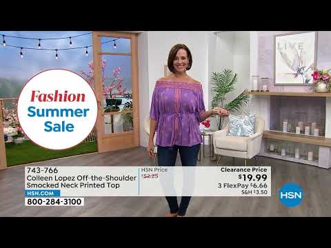 Colleen Lopez OfftheShoulder Smocked Neck Printed Top