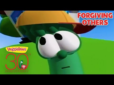 Close-up of a green VeggieTales character with wide eyes, overlaid by the words 'FORGIVING OTHERS' and a 30th anniversary logo.