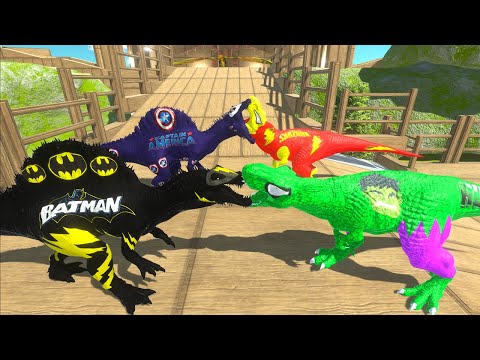 BATMAN & CAPTAIN AMERICA SPINO COUPLE VS T-REX COUPLE DEATH RUN - Animal Revolt Battle Simulator