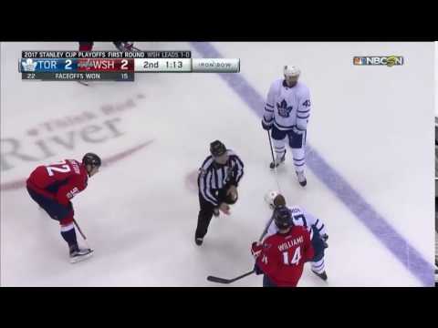 Justin Williams messes with Leo Komarov prior to a faceoff