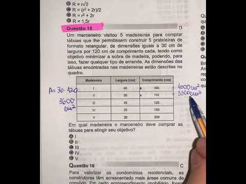 Questão 15 - Um marceneiro visitou 5 madeireiras para comprar tábuas que lhe permitissem construir..