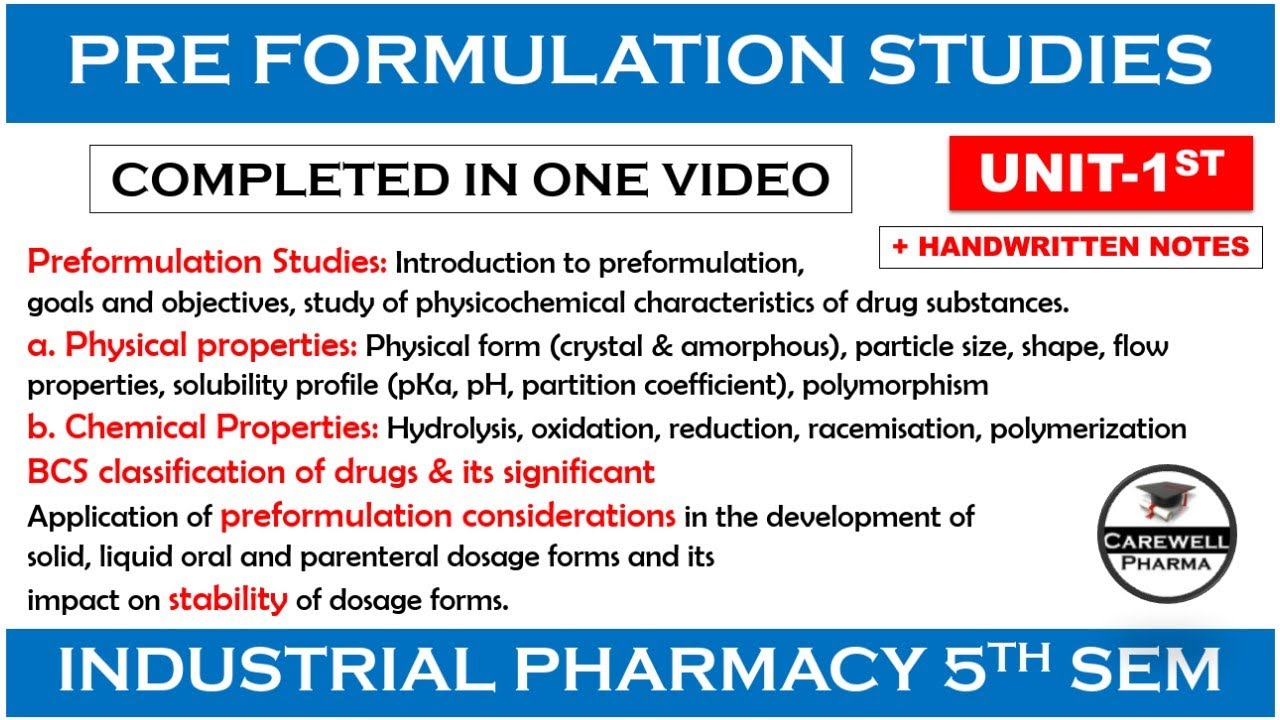 preformulation studies (complete) || Unit 1 || industrial pharmacy 5th semester || Carewell Pharma