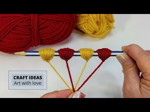 Super Easy Woolen Flower Making Trick Using Pencil   Hand Embroidery Amazing Flower Design