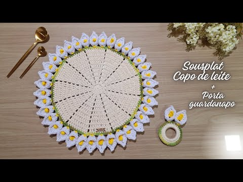 Sousplat copo de leite em crochê + porta guardanapo