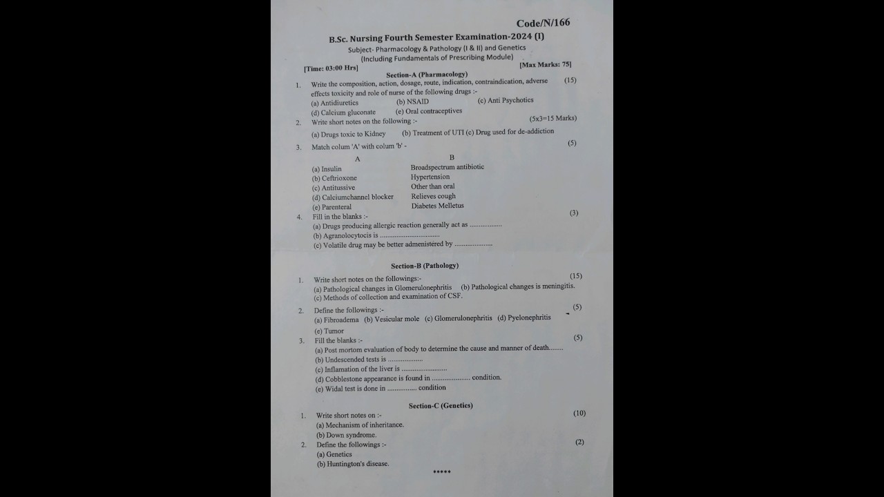 B.scnursing 4th Semester Pharmacology & Pathology (I & II)and Genetics Previous year 2024 question