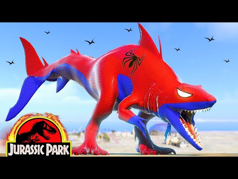 NEW ! Spiderman Shark King Fighting Big Dinosaurs in Jurassic World Evolution vs TRex vs Spinosaurus