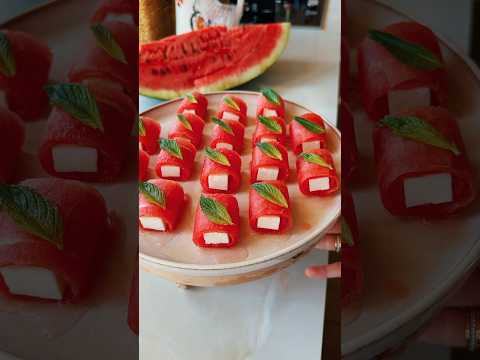 Watermelon rolls stuffed with halloumi cheese 🍉#abirzkitchen