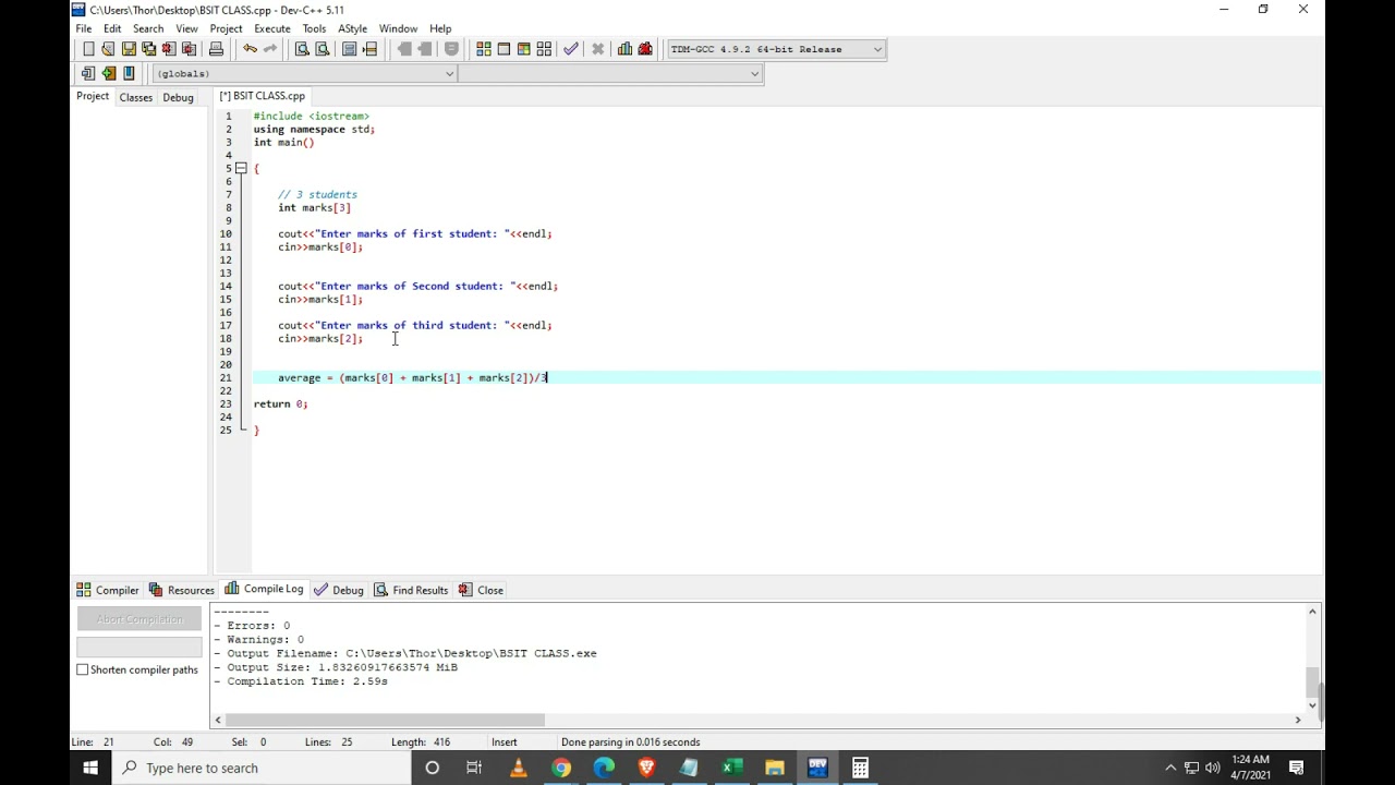 Entering marks of students and calculate average.