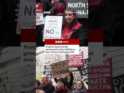 Protesters gather outside UK government building after Jackdaw oil field approved. #Jackdaw #BBCNews