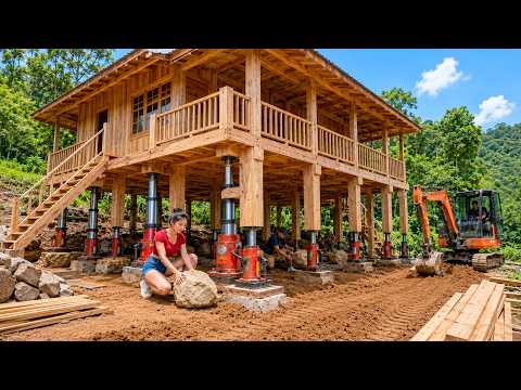 Hydraulic Jacks Lift Wooden House Columns While Excavator Places Giant Stones & Levels Yard