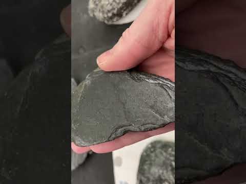 Phyllite: it has a shimmer to it when it is moved around in the light. Phyllite is metamorphic.