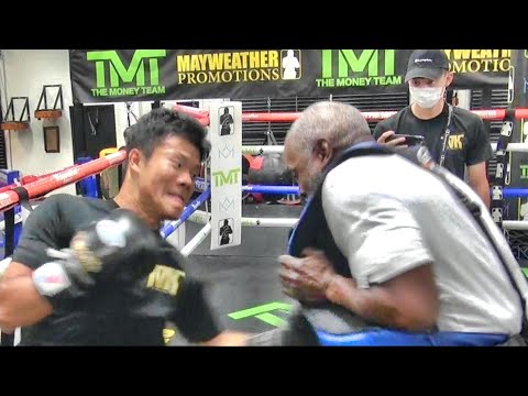 Former champ Tomoki Kameda punishes the body inside the Mayweather Boxing Club