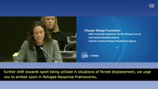 Head of Olympic Refuge Foundation Jojo Ferris speaks at the Global Refugee Forum 2023