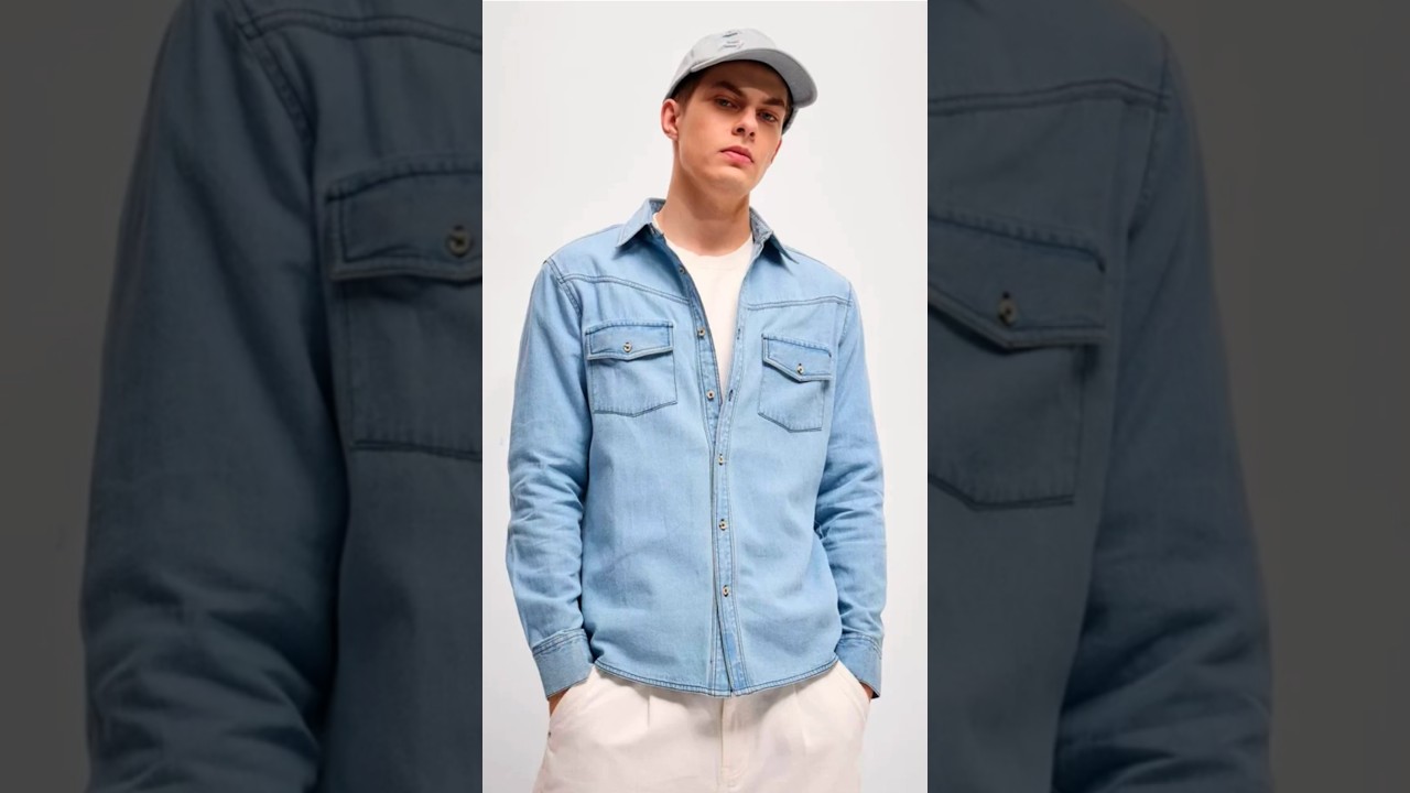 THE BEAR HOUSE Men Spread Collar Denim Faded Cotton Casual Shirt #shorts