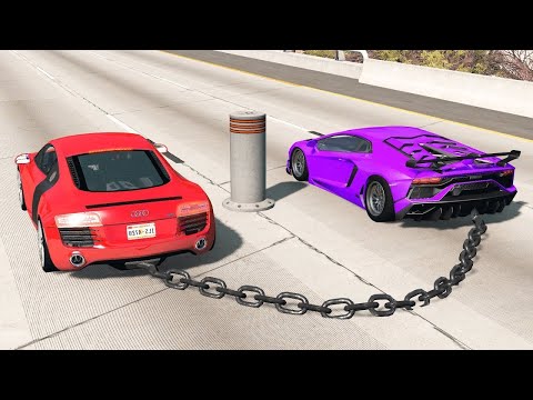Reverse Chained Cars vs Bollards – BeamNG.Drive