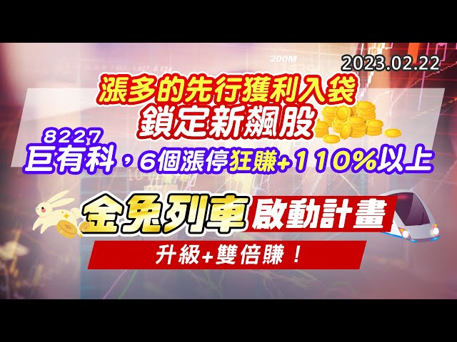20230222《股市最錢線》#高閔漳 漲多的先行獲利入袋，鎖定新飆股；8227巨有科，6個漲停狂賺+110%以上”“金兔列車啟動計畫，升級+雙倍賺！