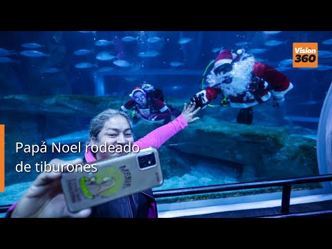 Papá Noel rodeado de tiburones