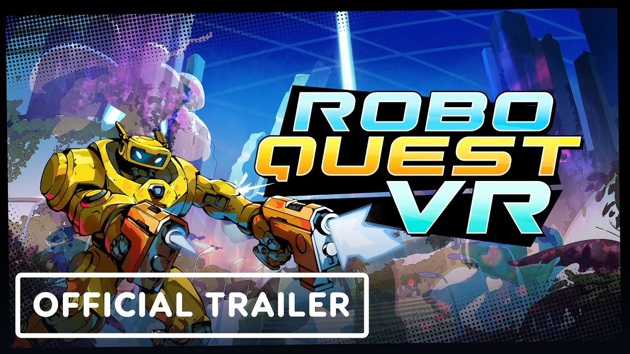 Roboquest VR gameplay showing first person robot shooting action