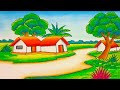 How to draw easy scenery drawing with oil pastel landscape village scenery | village house drawing