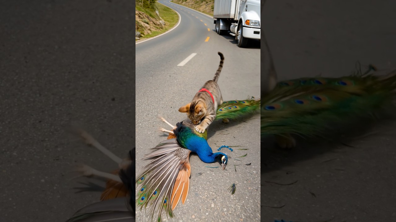 A Kind-Hearted Kitten Saves a Peacock Stuck in a Cage  #animalrescue #cat #kitten
