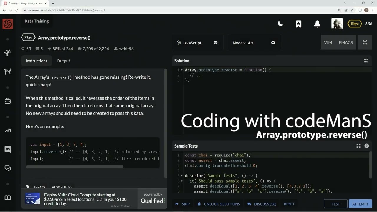 Codewars 7 kyu Array.prototype.reverse() JavaScript