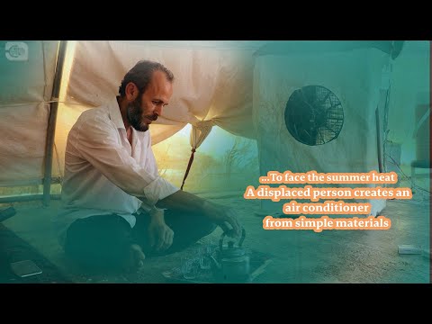 A displaced person creates an air conditioner from simple materials