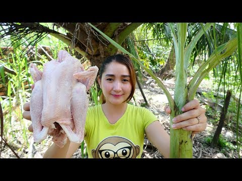 Yummy Cooking Chicken With Banana Tree - Chicken Roasted Banana Tree - Cooking With Sros Video