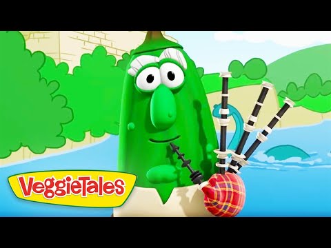 Green VeggieTales character with big eyes plays bagpipes by a riverside, logo in the corner.
