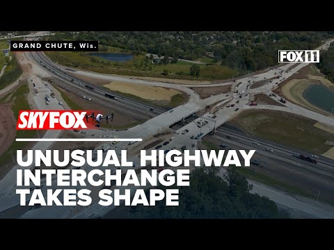 Drone video of the new diverging diamond interchange along Interstate 41 near Appleton, Wisconsin