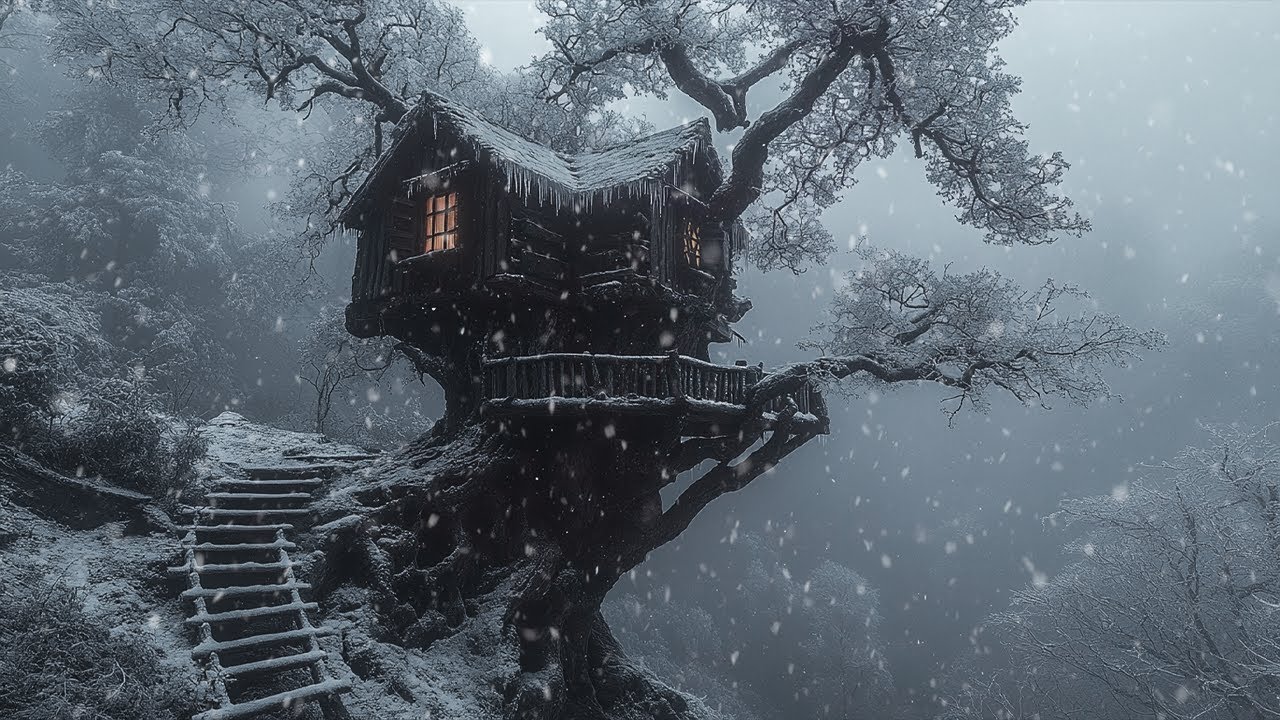Lonely Tree House in the Forest on a Cold Snowy Night | Fall Asleep Fast With Snowstorm