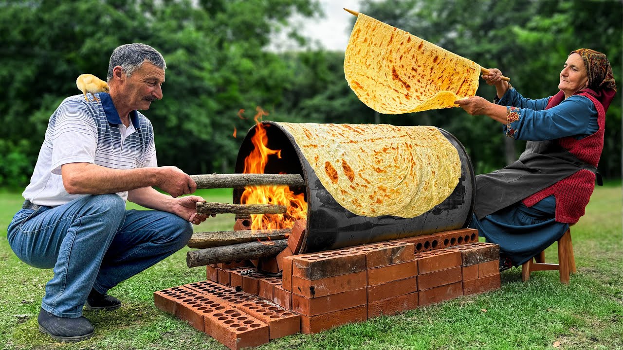 Recipe for Healthy Flatbreads with Wild Onions and Kebabs! Cooking in a Village in Azerbaijan