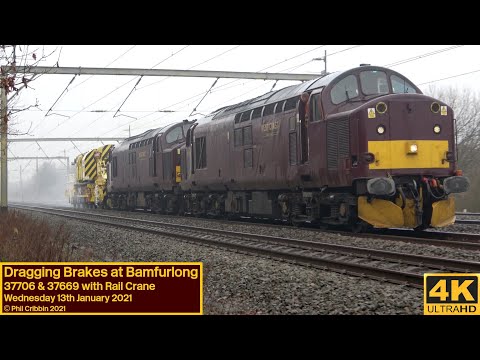 37706 & 37669 with Breakdown Crane at Bamfurlong - 13th January 2021