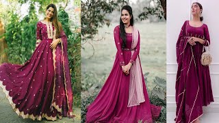 Amazing Wine Colour Anarkali Suits Designs Ideas||Wine Colour Anarkali Dress Designs For Party Wear