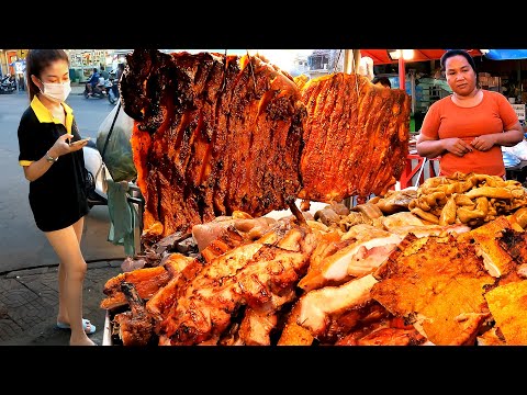 Two adjoining meat stalls! Crispy Skin & Juicy BBQ Pork! Cambodian Street Food