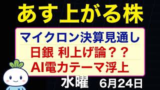 【6/24日本株】日経平均続落、マイクロン決算前に半導体二極化｜東京エレクトロン4.2%安・ディスコ3.8%安、キオクシアとパナソニックは買い戻し【あす上がる株】