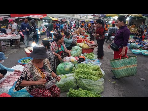Chbar Ampov Early Morning Street Market Show - Plenty Fresh Vegetable, Pork, Beef, Fruit & More Food