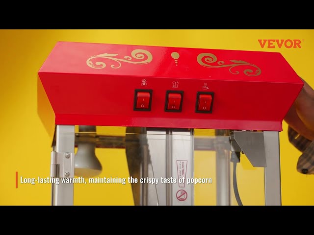 Vídeo relacionado con VEVOR Máquina de Palomitas con Hervidor y Carrito, 800 W, 48 Tazas por Carga, Control de 2 Botones, Pared de Vidrio, Puerta de Policarbonato, 1 Cucharada y 3 Cucharas, Tojo, para 6-8 Personas