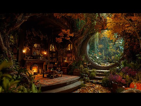 Cozy Fantasy Autumn Relaxing Nook 🍁 Soft Magical Flute Music & Fall Ambience ~ Heals Soul, Study