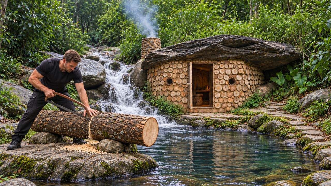 I Built a Cozy Wooden Cabin Beside a Waterfall | Bushcraft In The Forest