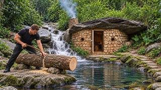 I Built a Cozy Wooden Cabin Beside a Waterfall | Bushcraft In The Forest