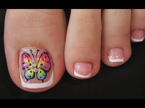 DISEÑO DE UÑAS PARA PIES MARIPOSA EN FRANCES FACIL DE HACER – BUTTERFLY NAIL ART – FRENCH NAIL ART