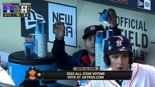 COL@HOU: Altuve stacks cups in the Astros dugout