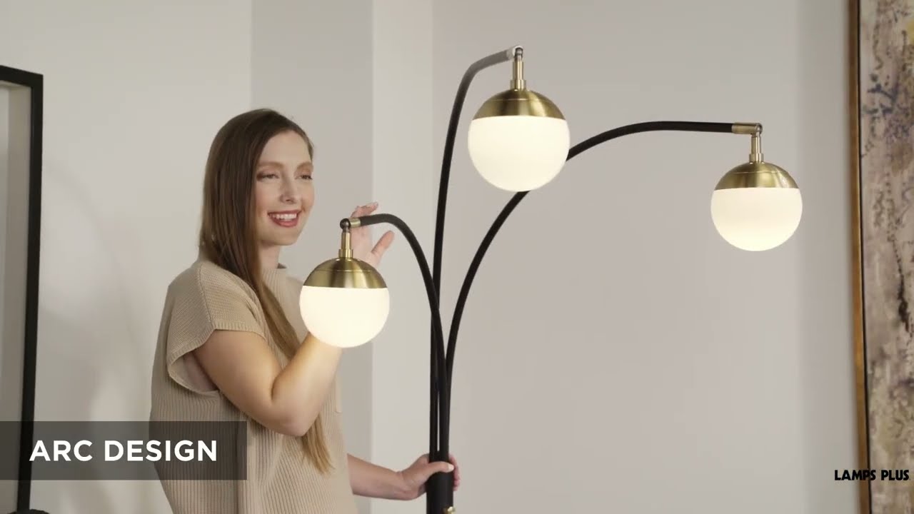 Video 1 Watch A Video About the Possini Euro Rayne Warm Gold and Black 3 Light Arc Floor Lamp
