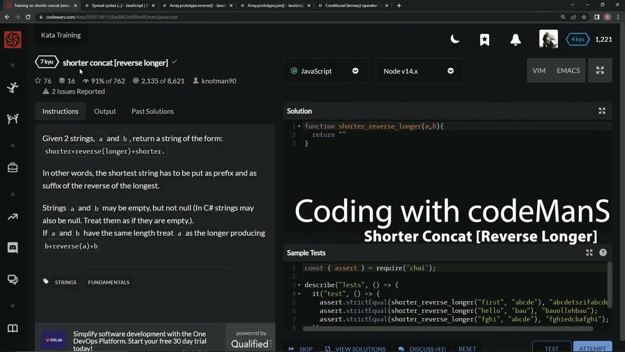 Codewars 7 kyu Shorter Concat [Reverse Longer] Javascript
