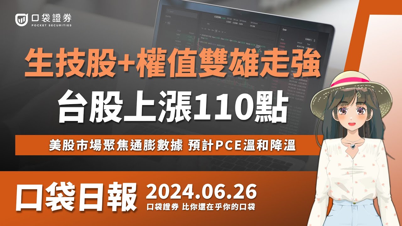 【口袋日報】生技股+權值雙雄走強,台股上漲110點,美股市場聚焦週五通膨數據,預計PCE溫和降溫!2024.06.26