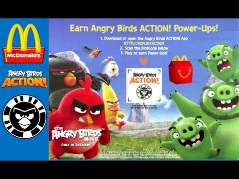 2016 McDONALD'S ANGRY BIRDS ACTION! APP FREE POWER-UPS MOVIE HAPPY MEAL TOYS TRAYLINER SCAN BIRDCODE Video