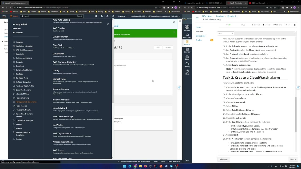 Module 9 Lab Creating a CloudWatch Alarm That Initiates an Amazon SNS Message
