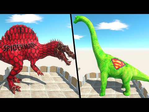 Green Superman Brachiosaurus Vs Spiderman Spinosaurus Death Climb - 🦖Animal Revolt Battle Simulator🦕