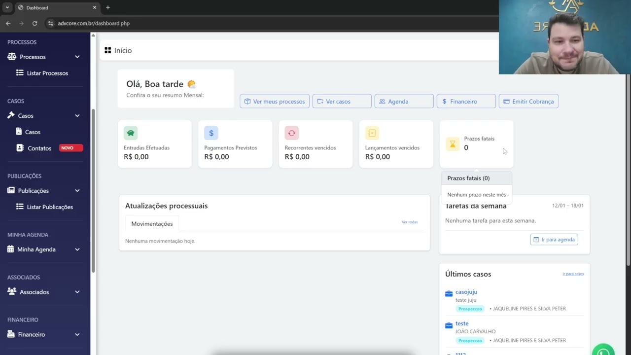 Apresentação do Dashboard no AdvCore Academy | Sistema Jurídico AdvCore